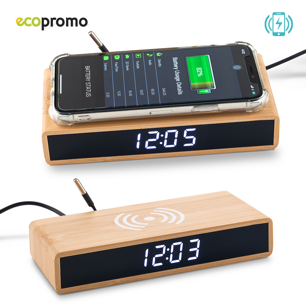 CARGADOR INALAMBRICO CON RELOJ BAMBOO